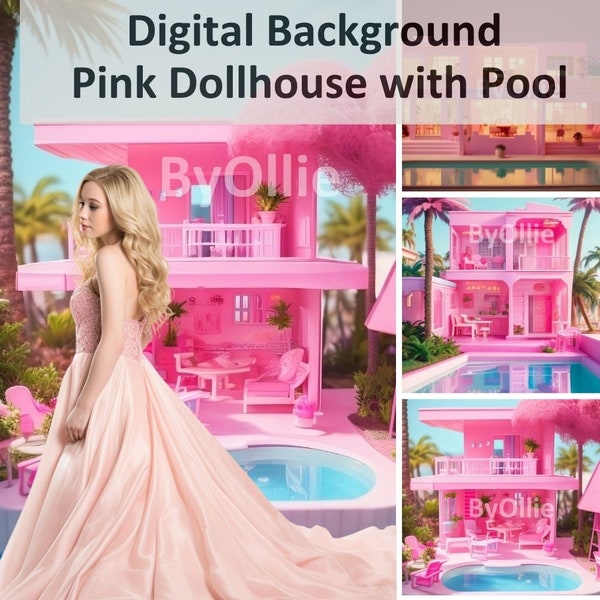 4 Malibu Girls Teens Chic Pink Beach Dollhouse Pool, Dream Mansion Pool House kids Digital Party Aesthetic Photo Backdrop Background Overlay