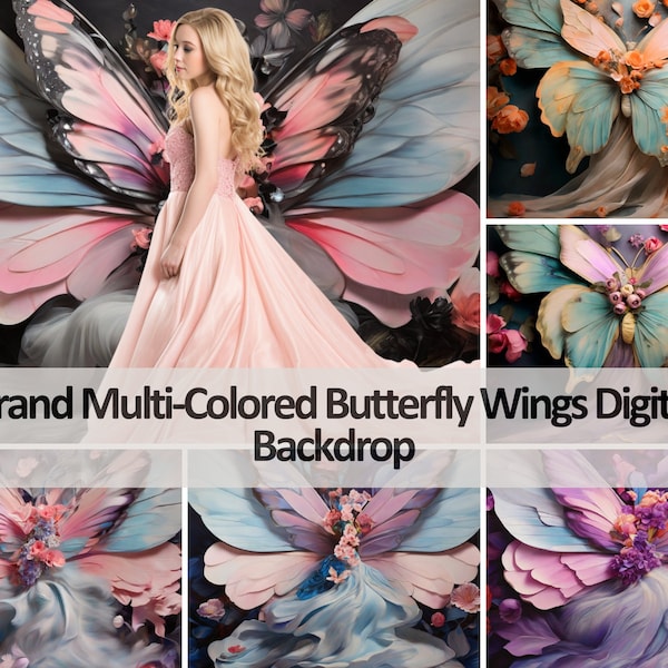 16 Digital Backdrops, Grand Ombre Multi-Colored Butterfly Wings, Backdrop Overlay, Studio Backdrop, Photoshop Overlays Fine Art Texture