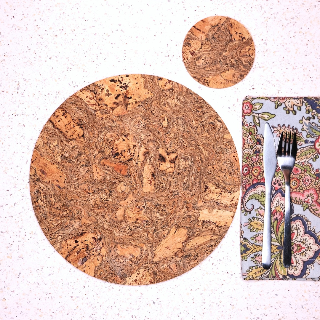 Placemats and Coasters Set of 8, Round Placemats 30cm, Natural Cork