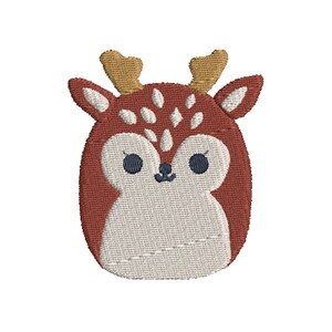 May include: Embroidered design of a cute, cartoon deer with brown fur, white belly, and large, black eyes. The deer has antlers with a yellow-gold color.
