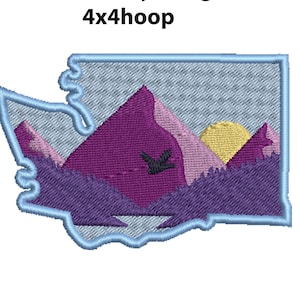 May include: Digital download embroidery design of a purple mountain range with a yellow sun and a black bird flying over the mountains. The design is in the shape of the state of Washington and is for a 4x4 hoop.