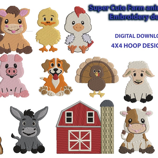 Super Cute Farm Animal Embroidery design bundle: Digital Download