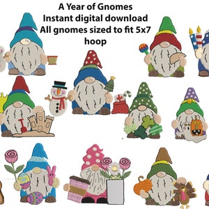 A year of gnomes, embroidery design instant download