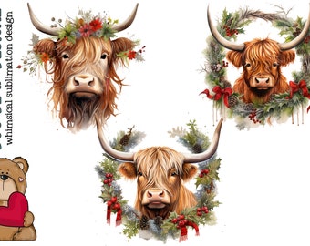 Op de afbeelding: Drie digitale illustraties van Schotse Hooglanders die kerstkransen dragen. De kransen zijn versierd met rode bessen, dennenappels en rode strikken. De koeien hebben lange, harige bruine vacht.