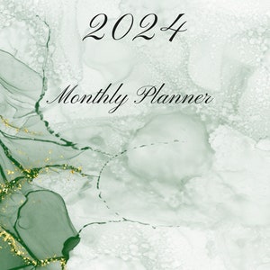 May include: A green and white abstract background with gold accents. The text "2024 Monthly Planner" is written in black.