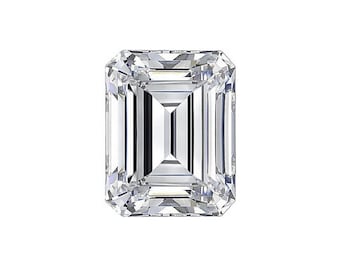 May include: A clear, emerald-cut gemstone with a rectangular shape and faceted surfaces. The facets reflect light, creating a brilliant sparkle. The gemstone is set against a white background.