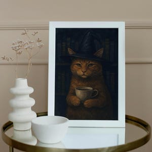 Witchy Orange Cat Wall Art Printable – Watercolor Black Witch Hat Cat with Tea – Instant Download, Bookish Gothic Decor, 5x7 to 18x24