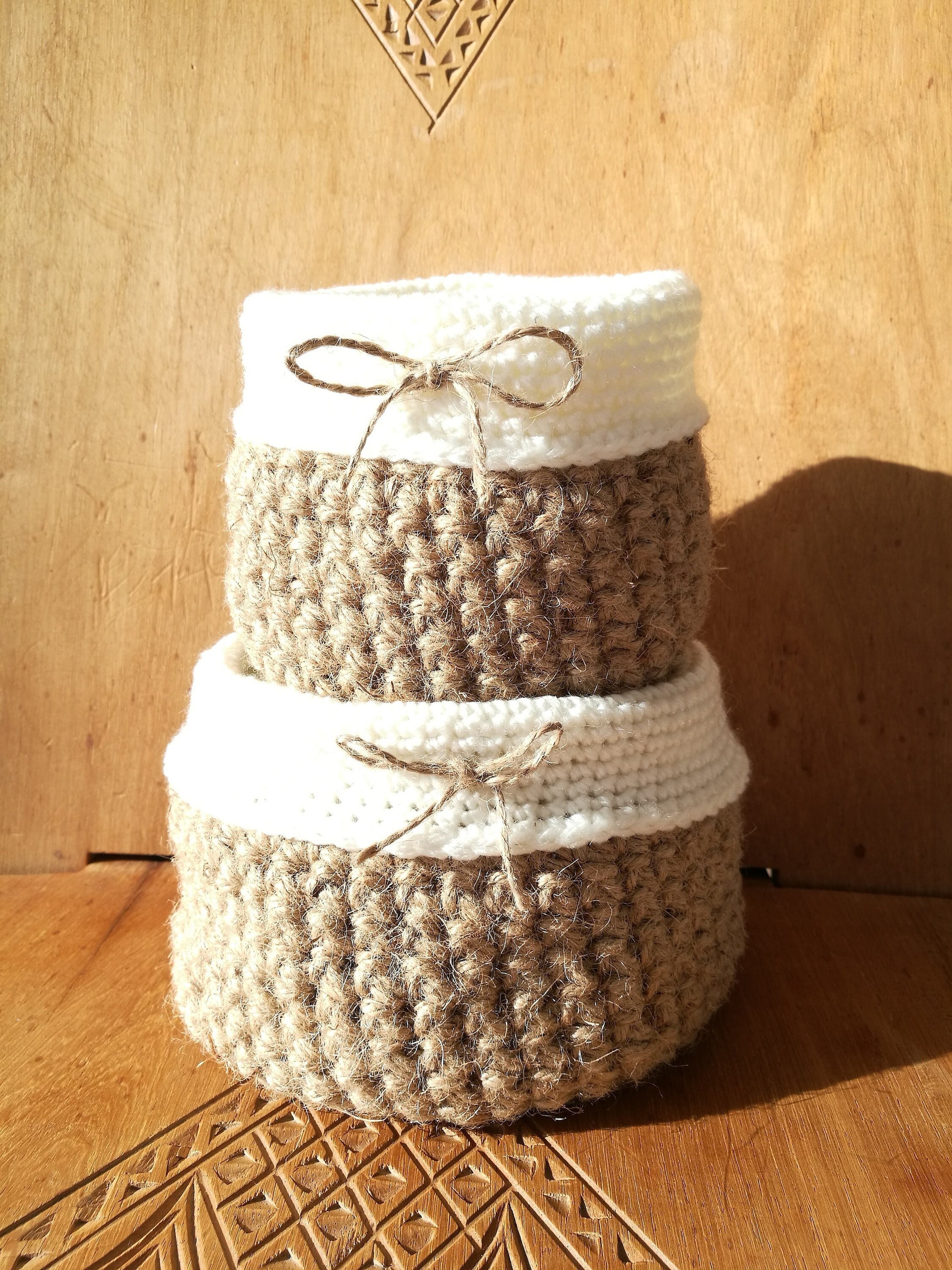 Corbeille, Panier, Vide-Poches, Rangement Fait Main Artisanat Crochet Corde Jute Naturelle Laine Bla