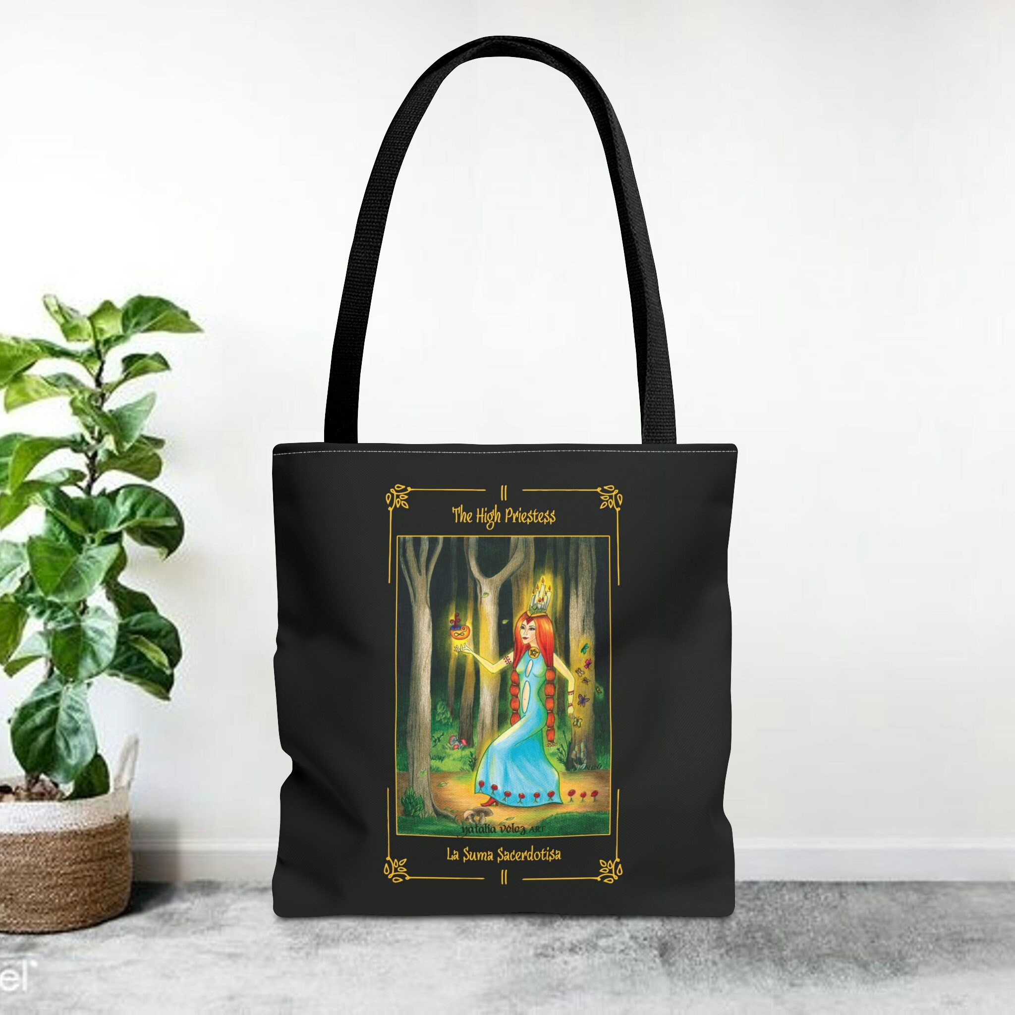 Tote Bag (AOP) "The High Priestess" with card frame/ card "The High Priestess" with border - Tarot Sortilegium