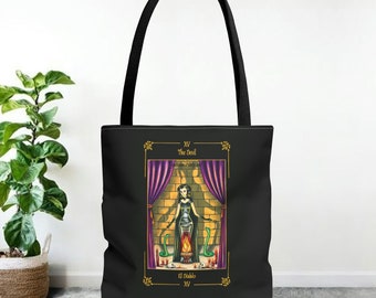 Tote Bag (AOP) &quot;The Devil&quot; with card frame/ card &quot;El Diablo&quot; with border - Tarot Sortilegium