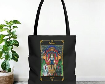 Tote Bag (AOP) &quot;The Chariot&quot; with card frame/ card &quot;El Carro&quot; with border - Tarot Sortilegium