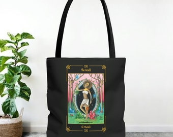 Tote Bag (AOP) &quot;The World&quot; with card frame/ card &quot;The World&quot; with border - Tarot Sortilegium