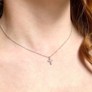 Silver Cross Necklace 14K White Gold Cross Necklace Cubic Zirconia Christian Necklace Tiny Cross Pendant Christian Gift Religious Gift