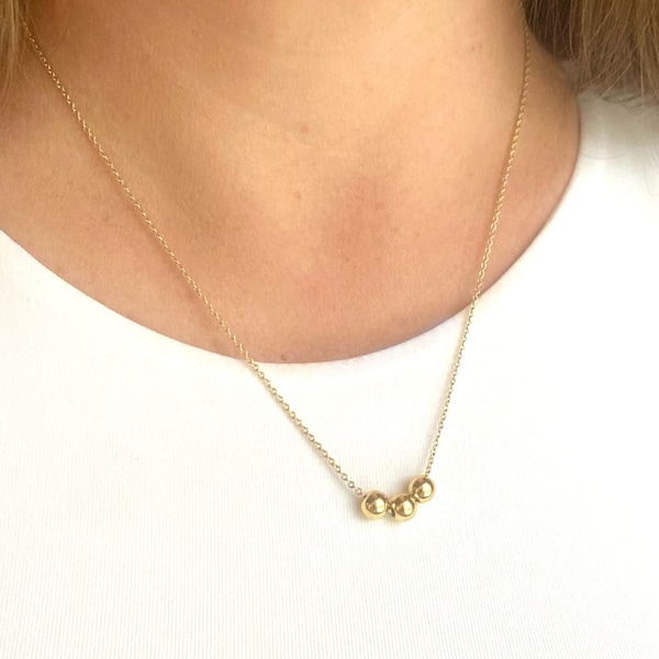 Three Bead Necklace Gold, Tiny Bead Necklace, 14K Gold Dainty Beaded Necklace, Triple Bead, Tarnish free, Dainty Gold Chain, 3 Bead Gold