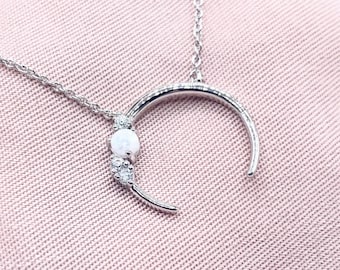 Moon Necklace Opal Moon Cubic Zirconia Necklace with Moon 14K White Gold Necklace Silver Moon Jewelry Opal CZ Necklace Crescent Moon Pendant