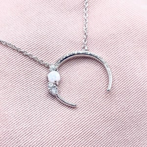 Moon Necklace Opal Moon Cubic Zirconia Necklace with Moon 14K White Gold Necklace Silver Moon Jewelry Opal CZ Necklace Crescent Moon Pendant