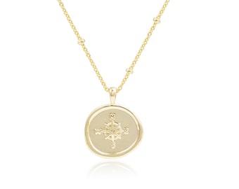 14K Gold Compass Coin Necklace, Coin Pendant Necklace, Compass Pendant, He Is My Compass Necklace, Christian Jewelry, Coin Necklace Gold