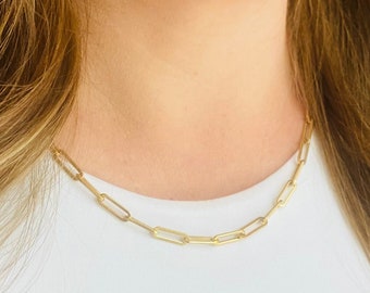 Gold Paperclip Chain Necklace 14K Gold Paper Clip Layering Chain Gold Link Necklace Gold Chunky Layer Necklace Stainless Steel Non Tarnish