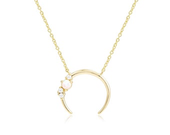 Gold Moon Necklace 14K Gold Opal Moon Cubic Zirconia Necklace Moon Pendant Gold Moon Jewelry Dainty Moon CZ Necklace Moon Child Wanderlust