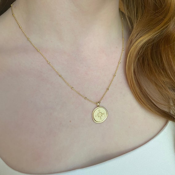 14K Gold Compass Coin Necklace, Gold Medallion Coin Pendant Necklace,  Compass Pendant, Gold Coin Chain Layer Chain, Gold Ball Chain 14K Gold 