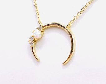 Moon Necklace Gold Crescent Moon Necklace Opal Moon Pendant Gold Moon Jewelry CZ Moon Necklace Delicate Moon Gold Cubic Zirconia