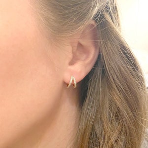Double Hoop Earrings Silver 14K White Gold CZ Huggie Dainty CZ Pave Hoop Minimalist Jewelry Gift for Her Bridesmaid Wedding Everyday Earring