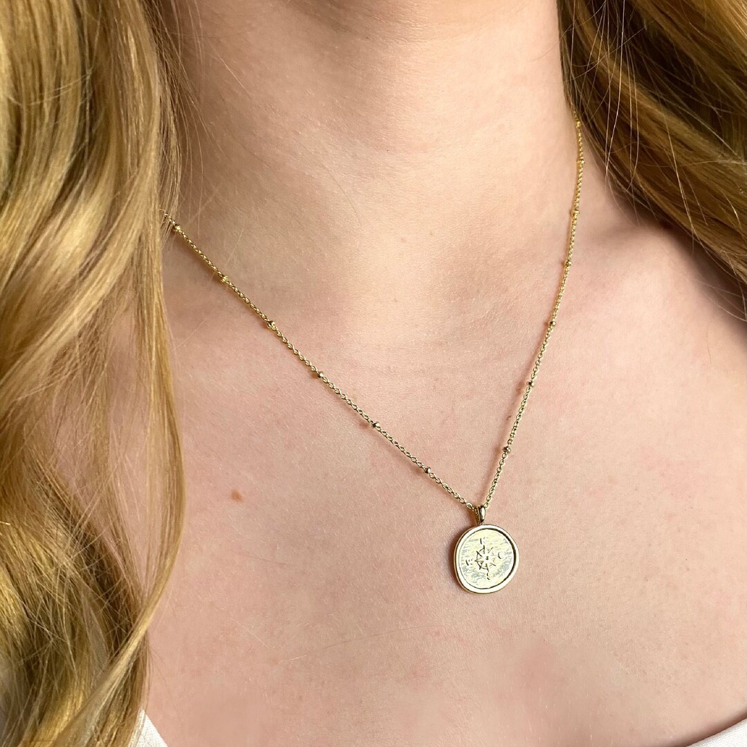 Compass Coin Necklace Gold Coin Necklace Compass Rose Necklace Gold