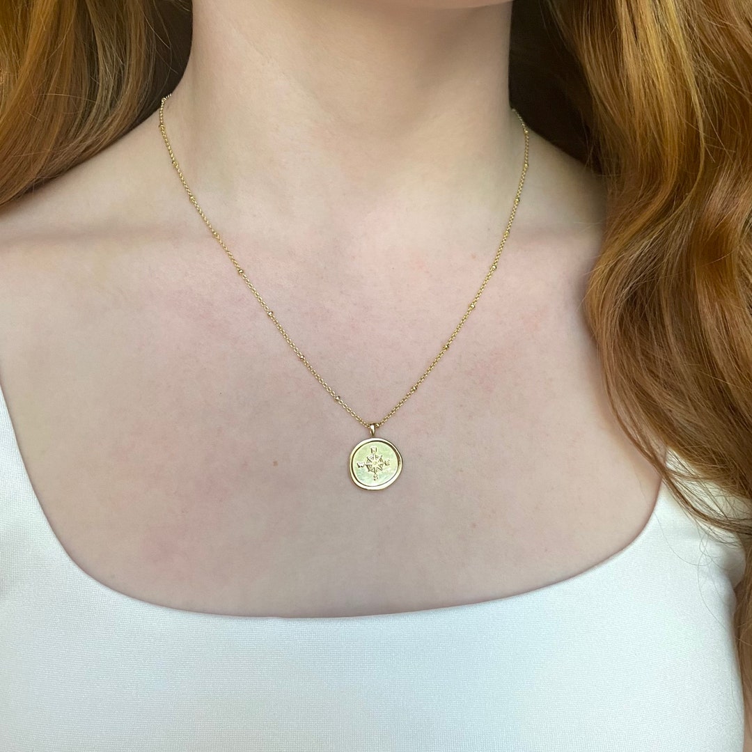 14K Gold Compass Coin Necklace, Gold Medallion Coin Pendant Necklace