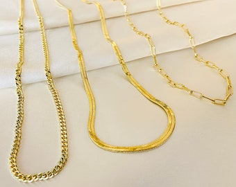 Gold Layer Necklace Set 14K Gold Chain Dainty Necklace Gold Layering Necklace Paperclip Gold Herringbone Flat Snake Chain Gold Curb Chain