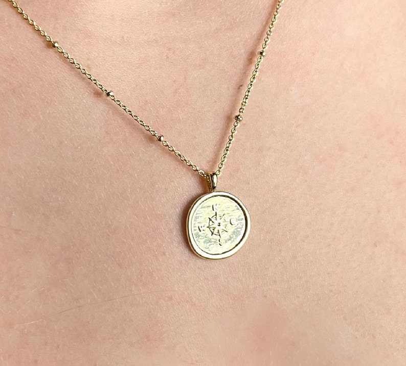 14K Gold Compass Coin Necklace, Coin Pendant Necklace, Compass Pendant