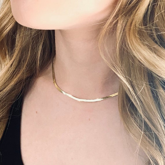 ★HARANG★ HR 344N_Herringbone Snake Chain Necklace (Thin) Herringbone Necklace Gold Herringbone Chain Flat Snake Chain