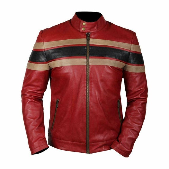 Mens Red Leather Stripped Biker Motorcycle Jacket Mens - Etsy