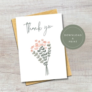 Carte de remerciement numérique | Carte de remerciement bouquet floral imprimable | Cadeau de remerciement | Carte de voeux fleur simple | Merci beaucoup carte 5x7