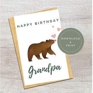 Carte d'anniversaire numérique | Carte de grand-père imprimable joyeux anniversaire | Téléchargeable | Carte d'anniversaire vierge | Cadeau grand-père | Grampy ours mignon sur le thème