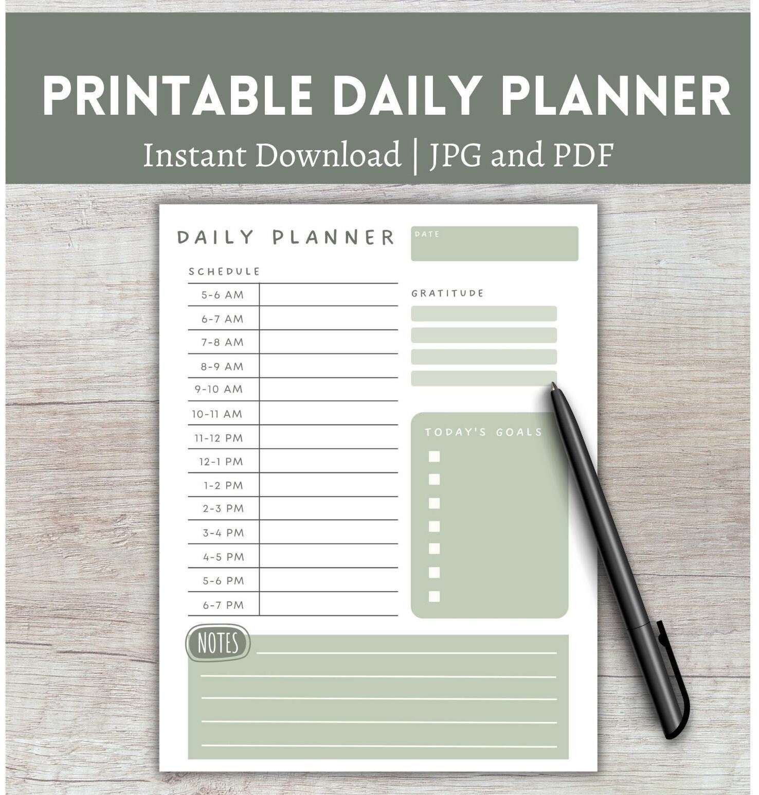 Digital Daily Planner Printable Green Work Day Planner School Planner ...