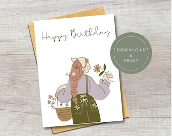 Puede incluir: Una tarjeta de cumpleaños con las palabras "Happy Birthday" en una fuente manuscrita. La ilustración presenta a una persona con pelo largo rosa, sosteniendo flores y una cesta. Un círculo verde con las palabras "DOWNLOAD & PRINT" está a la derecha.