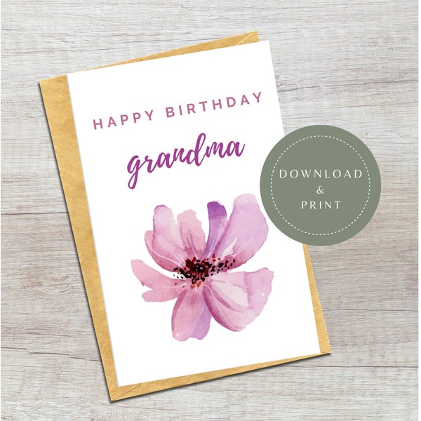 Digital Birthday Card | Printable Happy Birthday Grandma Card | Bday Gift for Grandmother | From Grandchildren | Minimalist Floral | Pink