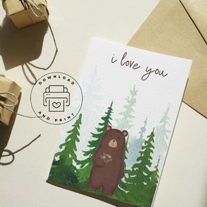 Digital I Love You Card | Printable Bear Greeting Card | Woodsy Camping Card | I Love You Instant Download Card | Card for Kids | JPG Files
