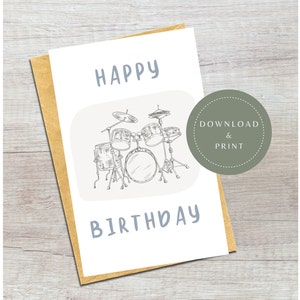 Biglietto d'auguri digitale / Biglietto stampabile con set di batteria di buon compleanno / Per suonatore di batteria / Amante della musica / Per musicisti / Regalo per lui / Per papà