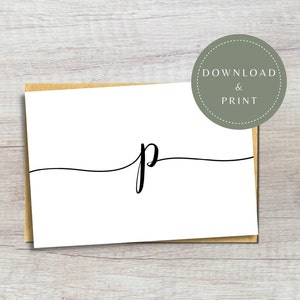 Digitale Letter P-kaart | Afdrukbare P-initiële kaart | Minimalistische kalligrafie P | Elegante wenskaart voor bruiloft | Betrokken kaart | JPG en PDF