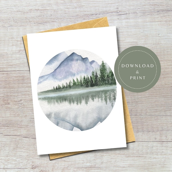 Digital Mountain Card | Printable Watercolor Trees and Mountain Card | Blank Thank You Card | 5x7 Size Blank Greeting Card | Outdoorsy Card