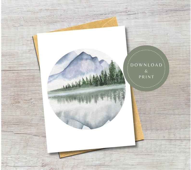 Digital Mountain Card | Printable Watercolor Trees and Mountain Card | Blank Thank You Card ...