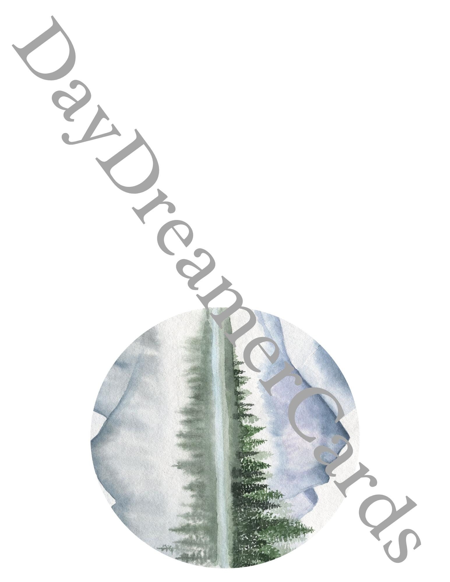 Digital Mountain Card | Printable Watercolor Trees and Mountain Card | Blank Thank You Card ...