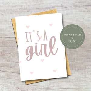 Digital c'est une carte de fille | Carte d'attente imprimable | Nouvelle petite fille | Carte de voeux de douche de bébé | Annonce de grossesse | Nouveau bébé surprise