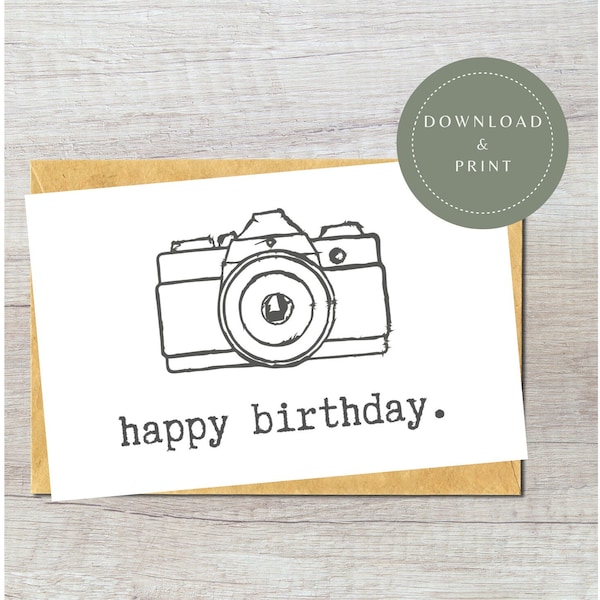 Digital Camera Birthday Card | Printable Happy Birthday Vintage Camera Card | Minimalist Card for Him | Photography Birthday Card For Her