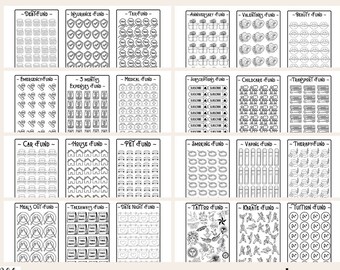 May include: Black and white printable sheet with 33 different sinking fund challenges. Each challenge has a title and a grid of 36 circles to track savings progress. The titles include "Debt Fund", "Insurance Fund", "Tax Fund", "Anniversary Fund", "Valentines Fund", "Beauty Fund", "Emergency Fund", "3 Months Expenses Fund", "Medical Fund", "Subscriptions Fund", "Childcare Fund", "Transport Fund", "Car Fund", "House Fund", "Pet Fund", "Smoking Fund", "Vaping Fund", "Therapy Fund", "Meals Out Fund", "Takeaways Fund", "Date Night Fund", "Tattoo Fund", "Karate Fund", and "Tuition Fund".