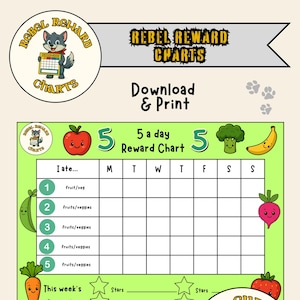 May include: A green and white printable 5 a day reward chart for kids. The chart features a cartoon apple, banana, broccoli, carrot, and strawberry. It has spaces to track fruit and vegetable intake for each day of the week. The chart also includes a section for stars to track rewards.