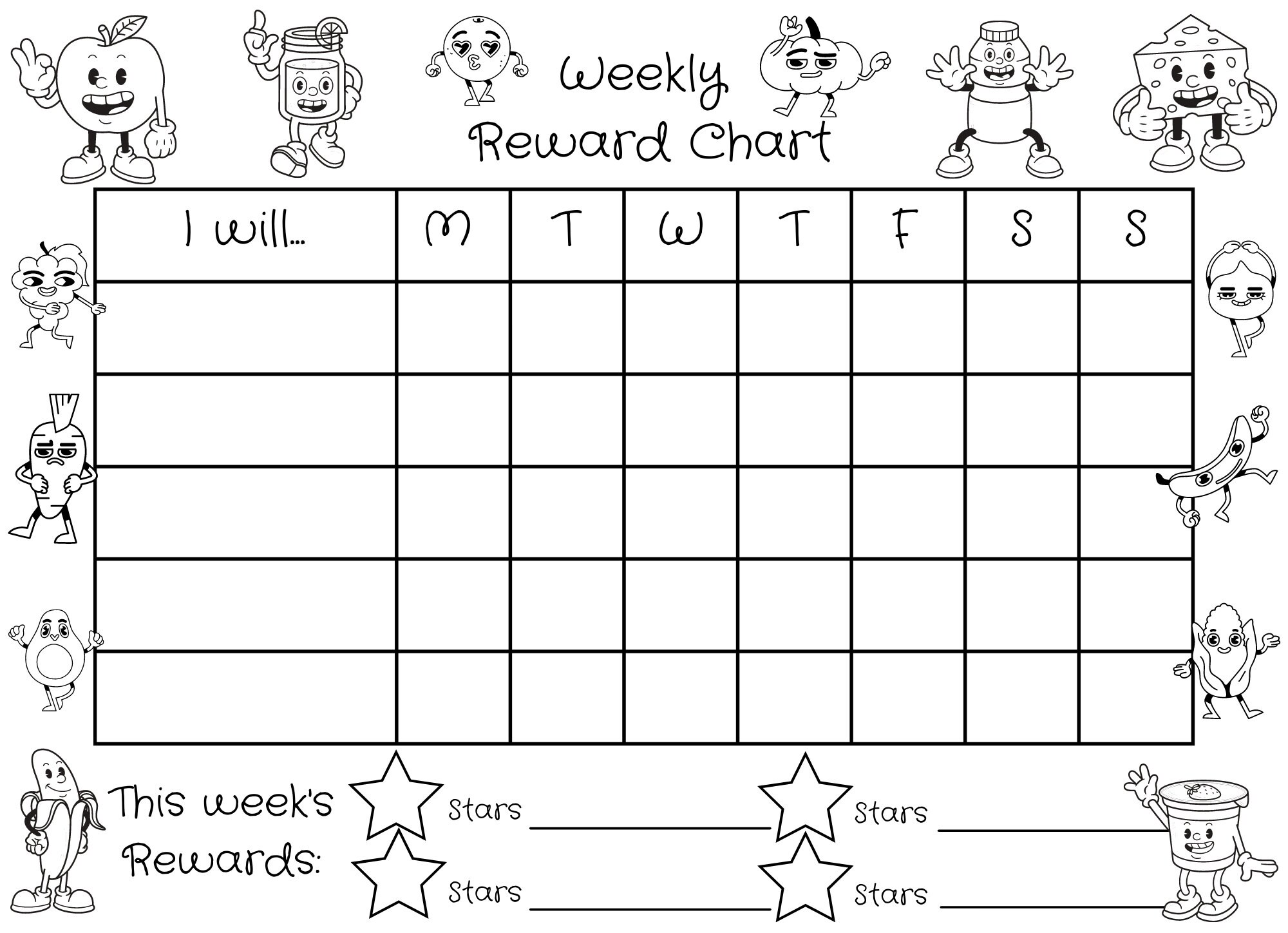 Colour Your Own Children's Reward Chart - Friendly Foods Theme ...
