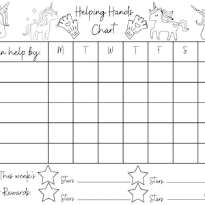 Colora il grafico delle ricompense delle mani che aiutano i tuoi figli - Tema Unicorni - Scarica, stampa e colora