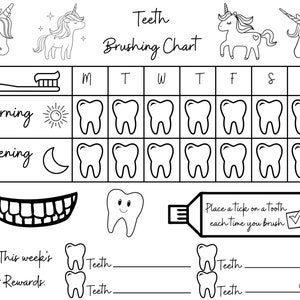 Colora la tabella delle ricompense per la spazzolatura dei denti dei tuoi bambini - Tema Unicorni - Scarica, stampa e colora